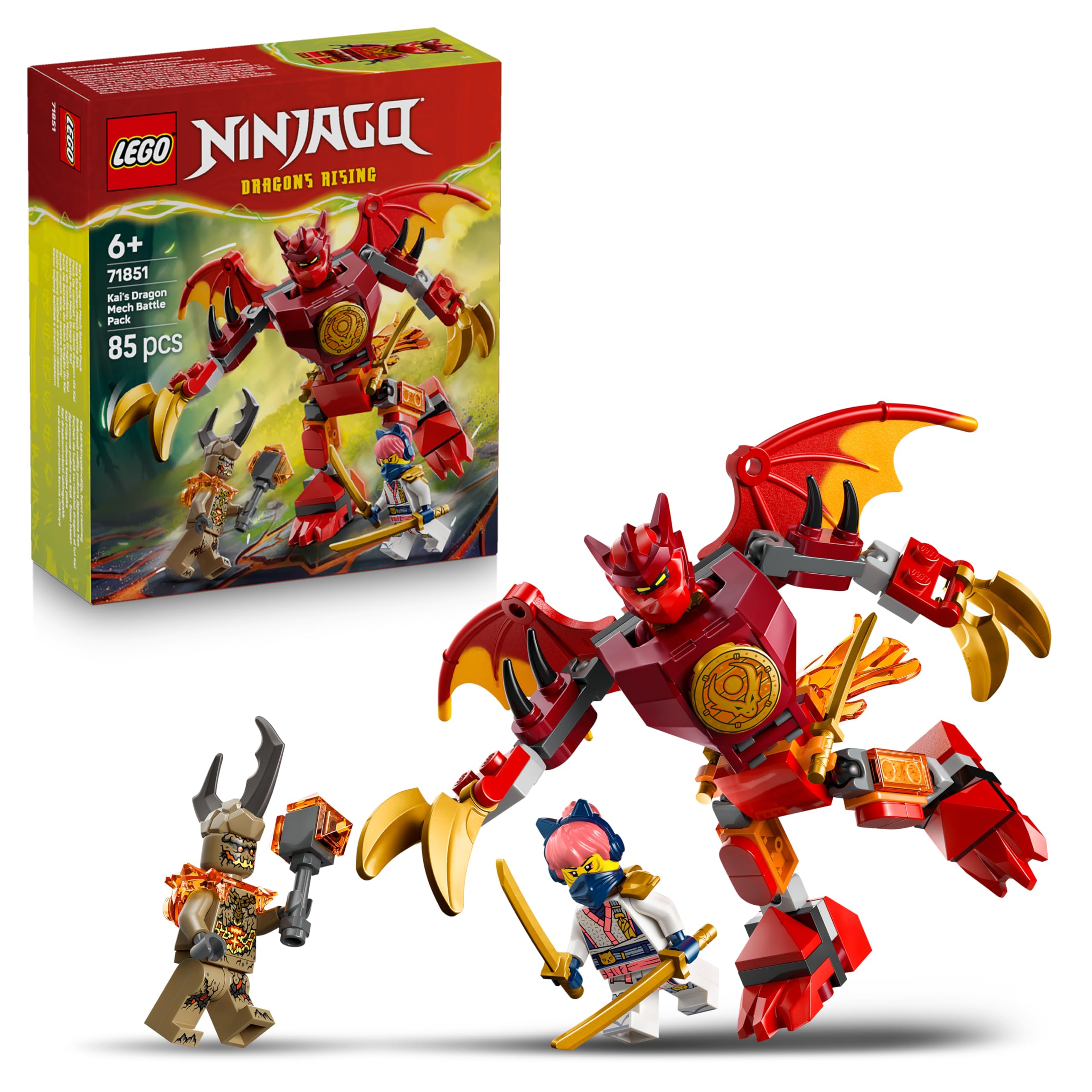 Ninjago Pack de Combat : Le Robot Dragon de Kai - Jouet Ninja avec Figurine d'action, 3 Minifigurines & Katanas - Cadeau d'anniversaire pour Garçon dès 6 Ans & Fans 71851